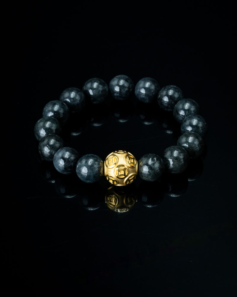 Gold Lucky Coin Ball Charm Large Black Beaded Bracelet