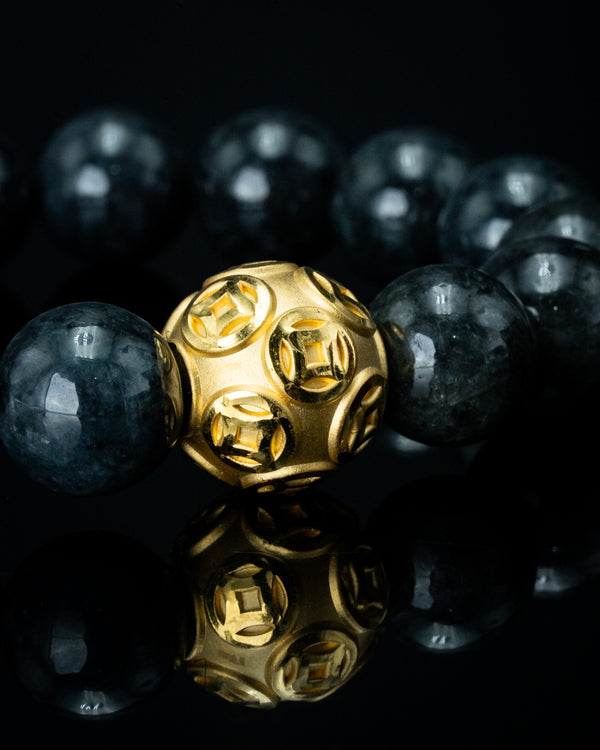 Gold Lucky Coin Ball Charm Large Black Beaded Bracelet