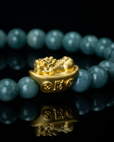 Gold Wealth Guardian Pixiu Charm Green Beaded Jade Bracelet