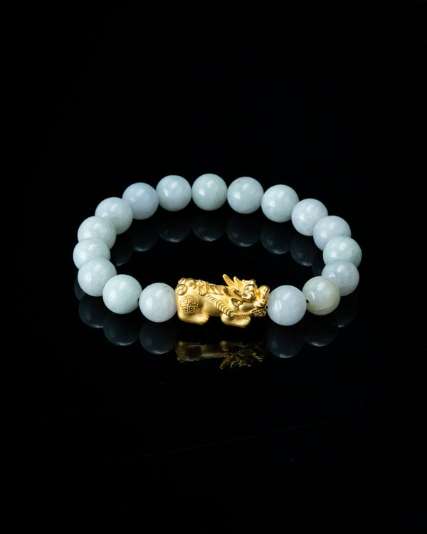 Gold Pixiu Charm Large White Beaded Jade Bracelet