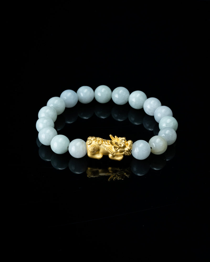 Gold Pixiu Charm Large White Beaded Jade Bracelet