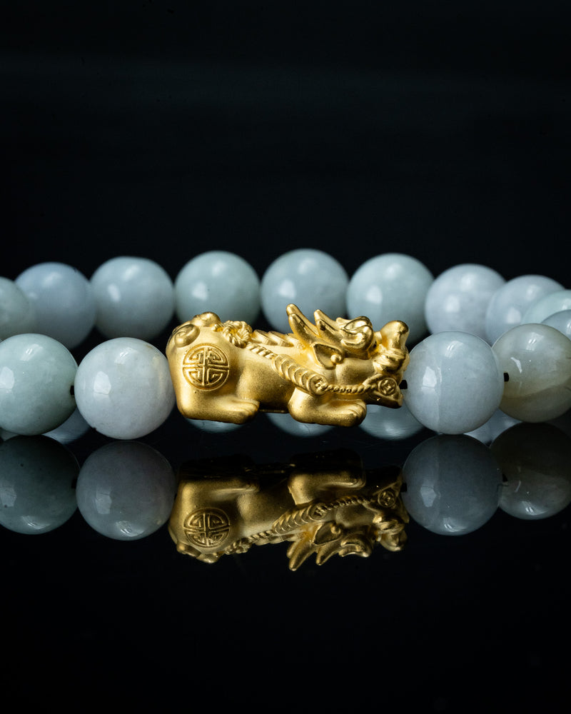 Gold Pixiu Charm Large White Beaded Jade Bracelet