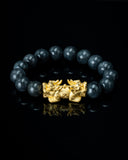 Gold Twin Pixiu Charm Large Black Beaded Jade Bracelet