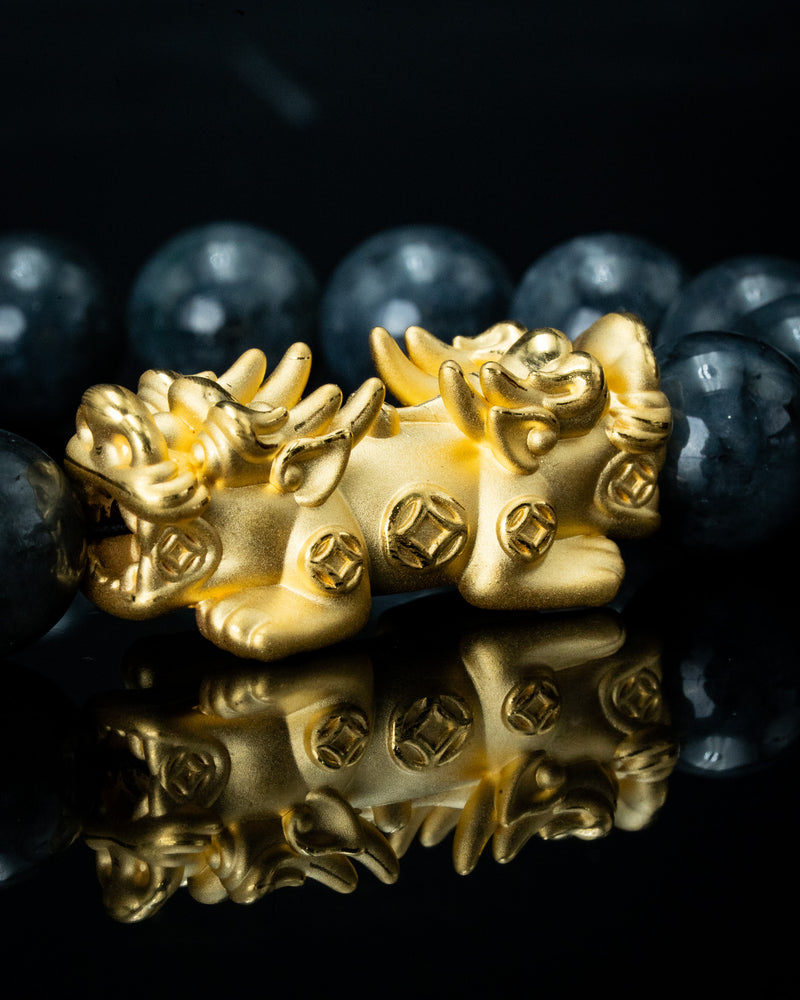 Gold Twin Pixiu Charm Large Black Beaded Jade Bracelet