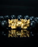 Gold Twin Pixiu Charm Large Black Beaded Jade Bracelet