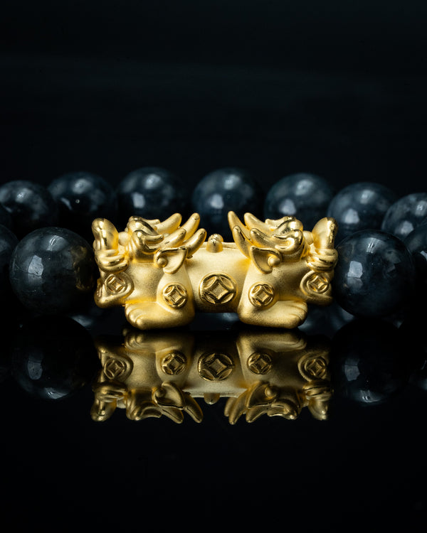 Gold Twin Pixiu Charm Large Black Beaded Jade Bracelet