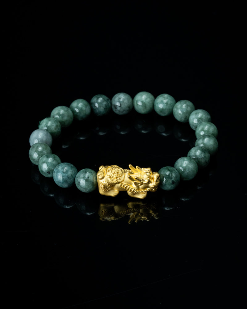 Gold Pixiu Charm Green Beaded Jade Bracelet