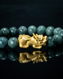 Gold Pixiu Charm Green Beaded Jade Bracelet