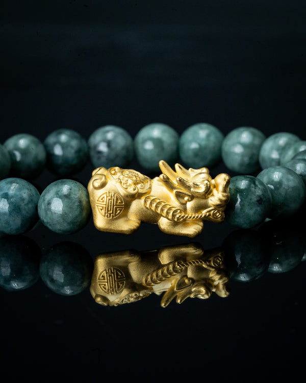 Gold Pixiu Charm Green Beaded Jade Bracelet