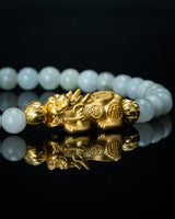 Gold Pixiu Charm Small White Beaded Jade Bracelet
