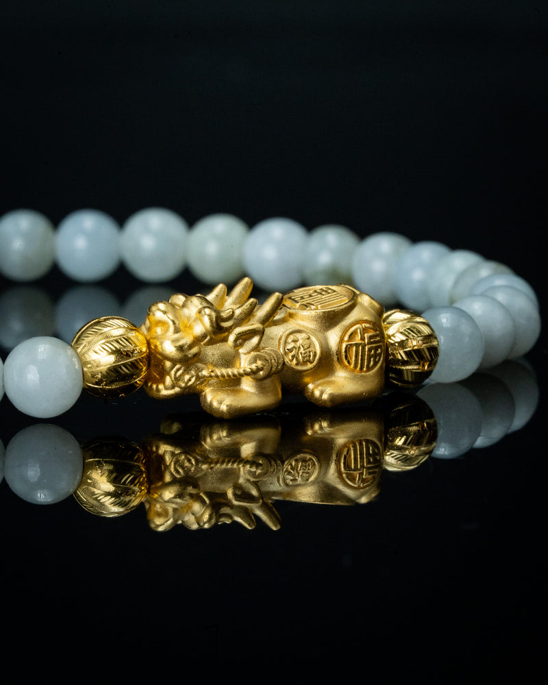 Gold Pixiu Charm Small White Beaded Jade Bracelet