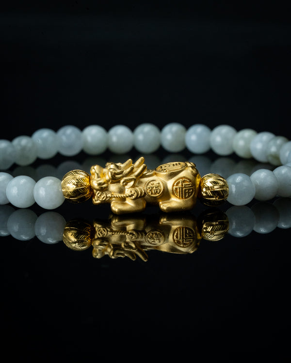 Gold Pixiu Charm Small White Beaded Jade Bracelet