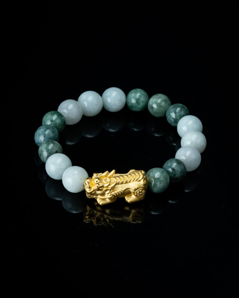 Gold Pixiu Green/White Beaded Jade Bracelet