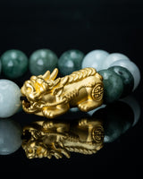 Gold Pixiu Green/White Beaded Jade Bracelet