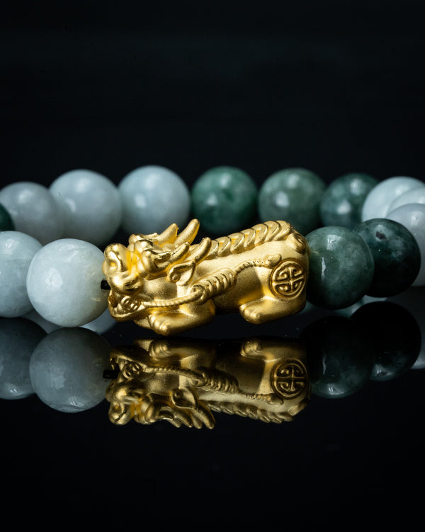 Gold Pixiu Green/White Beaded Jade Bracelet