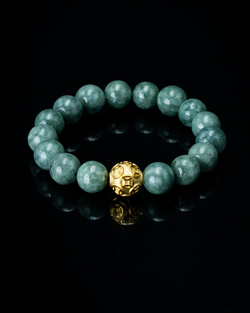 Gold Lucky Coin Ball Charm Large Green Beaded Jade Bracelet