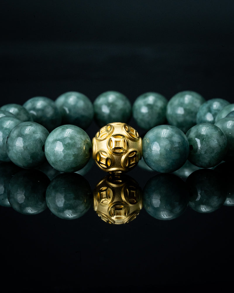 Gold Lucky Coin Ball Charm Large Green Beaded Jade Bracelet