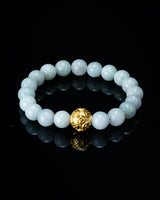 Gold Lucky Coin Ball Charm White Beaded Jade Bracelet