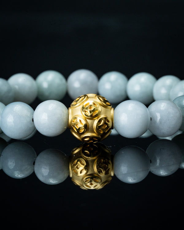 Gold Lucky Coin Ball Charm White Beaded Jade Bracelet