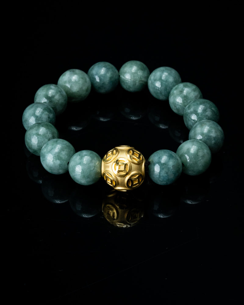 Gold Lucky Coin Ball Charm Large Green Beaded Jade Bracelet