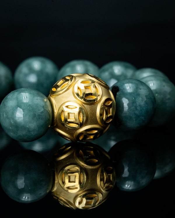 Gold Lucky Coin Ball Charm Large Green Beaded Jade Bracelet