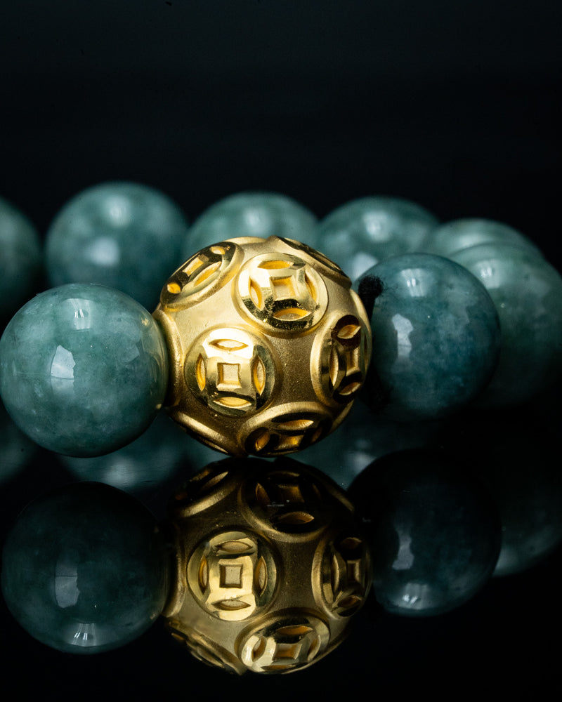 Gold Lucky Coin Ball Charm Large Green Beaded Jade Bracelet