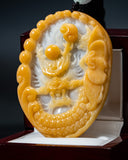 Golden Yellow & Icy White Dragon Chasing Pearl Jade Pendant