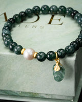 Leaf Charm Pearl Blue Water Beaded Bracelet