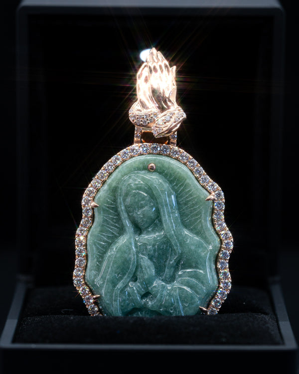 Rose 18k Gold Wrapped Micro Green Jade Virgin Mary Pendant w/ VVS Lab Diamonds