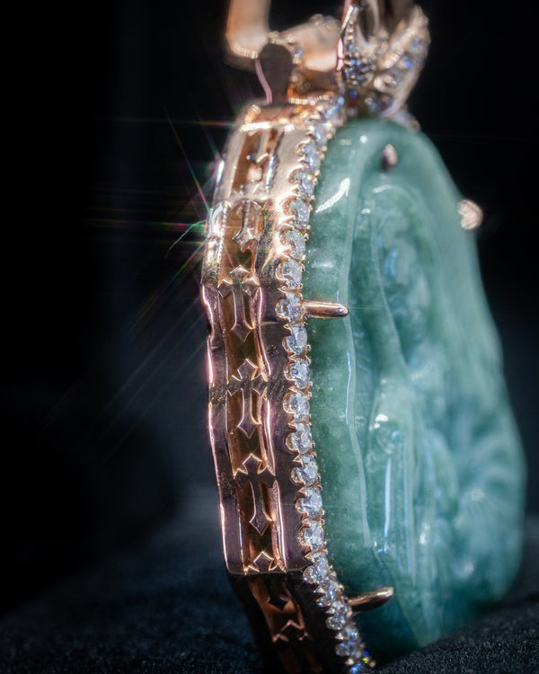 Rose 18k Gold Wrapped Micro Green Jade Virgin Mary Pendant w/ VVS Lab Diamonds