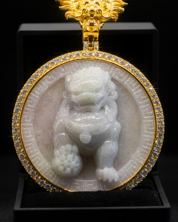 Yellow 18k Gold Wrapped White Jade Fu Dog Pendant w/ VVS Round/Emerald Cut Lab Diamonds