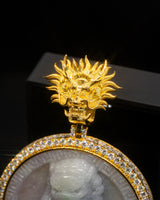 Yellow 18k Gold Wrapped White Jade Fu Dog Pendant w/ VVS Round/Emerald Cut Lab Diamonds