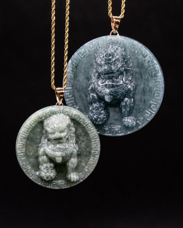 Fu Dog Circular Versace Border Jade Pendant