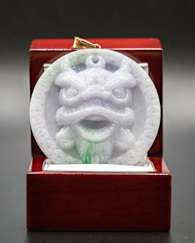 Lion Dancer Circular Lucky Coin Border Jade Pendant