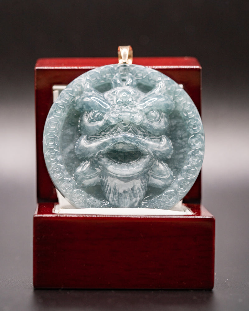 Lion Dancer Circular Lucky Coin Border Jade Pendant