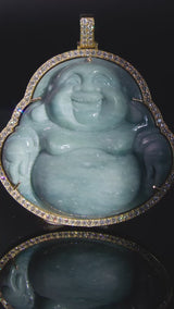 Gold Wrapped Matte Blue Water Jade Buddha Pendant with VVS Diamonds