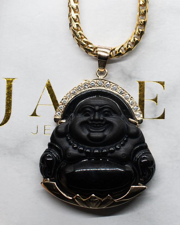 Gold Wrapped Buddha black jade Pendant in 18k gold and VVS diamonds