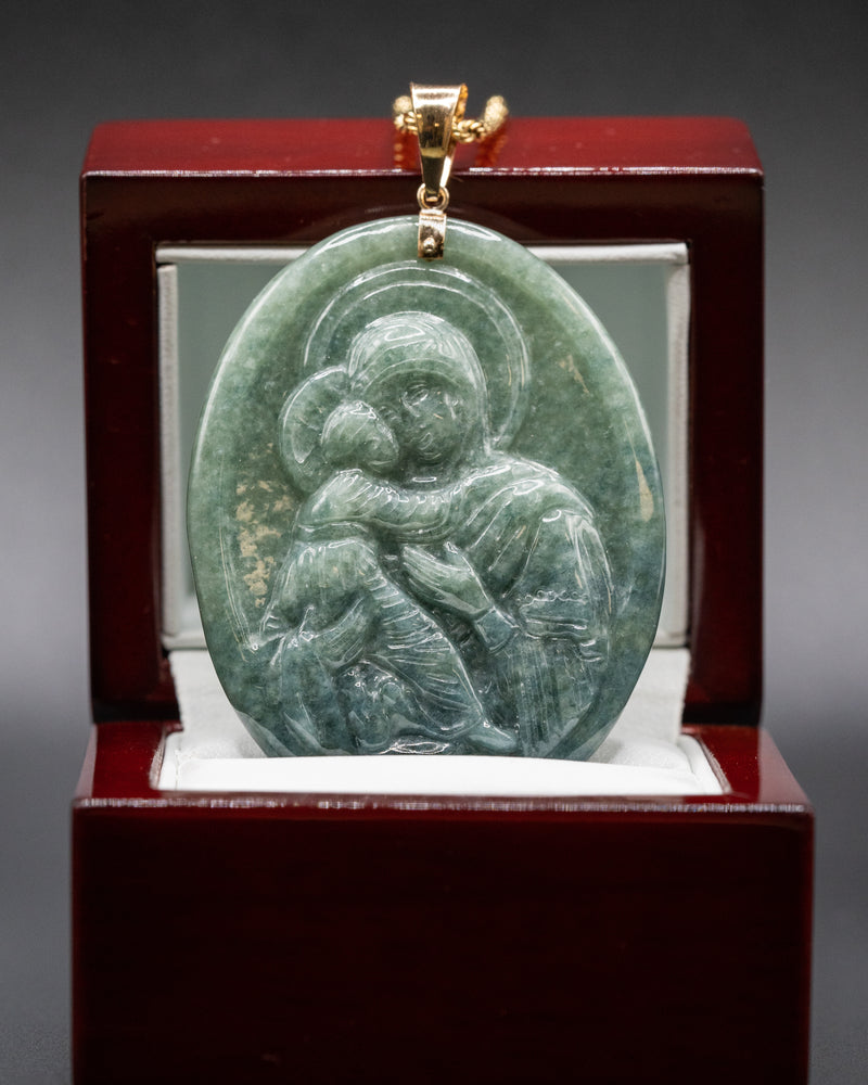 Virgin Mary & Baby Jesus Green Jade Pendant