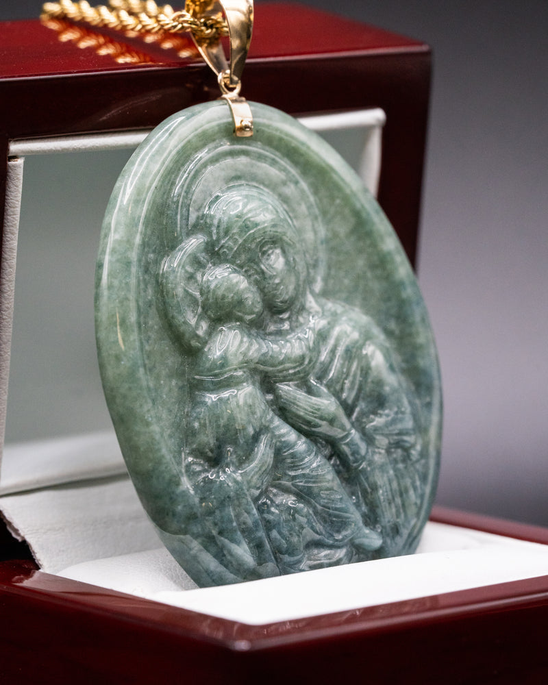 Virgin Mary & Baby Jesus Green Jade Pendant