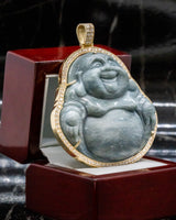 Gold Wrapped Matte Blue Water Jade Buddha Pendant with VVS Diamonds