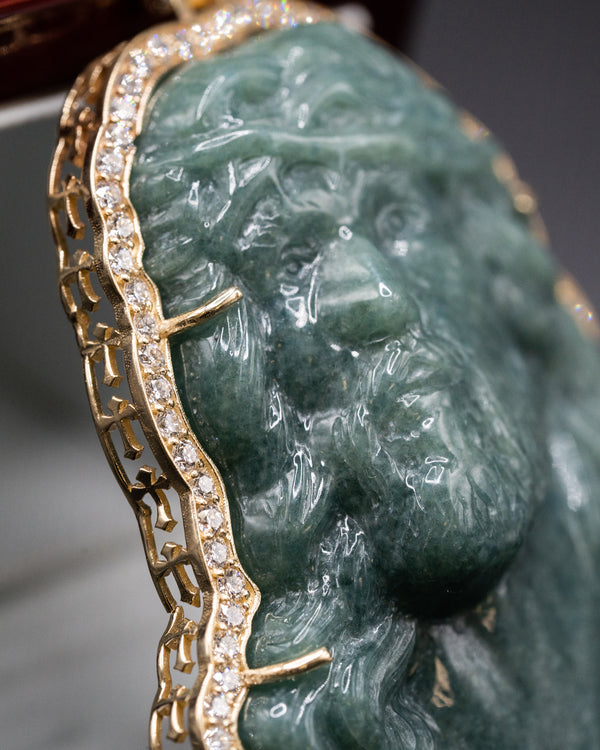 Gold Wrapped Green Jade Jesus Head Pendant with Diamond-Encrusted Bail